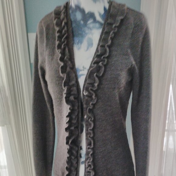 Grey Ruffle Italian Merino Wool Cardigan - Picture 2 of 13